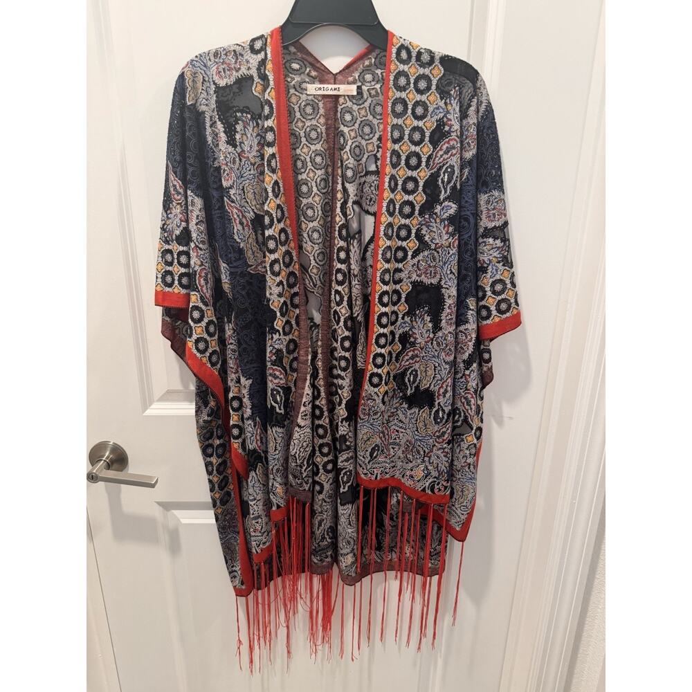 Origami Women’s Wrap Fringed Shawl Lace One Size Navy & Burnt Sienna